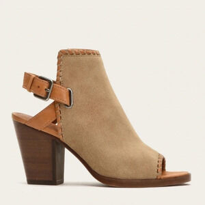 Frye‎ Dani Shield Beige Whipstitch Peep Toe Sling Back Heeled Sandals Size 7.5